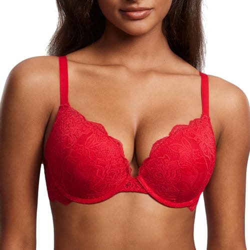 Image of DOBREVA Women's Push Up Lace Bra Sexy Plunge Padded Underwire Support Bras Lift Up Lipstick Red 34D