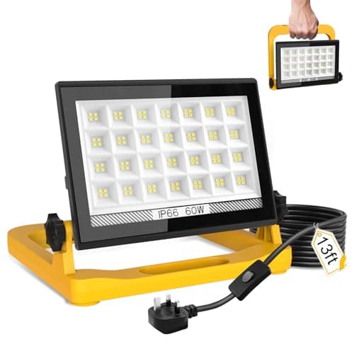 Image of T-SUN 5400Lumen LED Work Light with Stand, 60W Floodlight with 3 Brightness Dimmable IP66 Waterproof Work Lights with 13FT Cord for Indoor Outdoor Worksite Job Site Garage