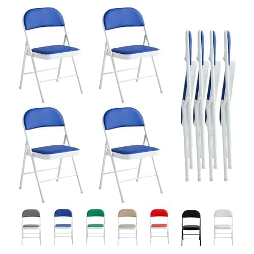 Image of mcc direct Folding Chairs, Faux Leather Foldable Chairs with Metal Frame and Padded Seat, Easy to Fold and Store for Home, Office, Dining and Reception (4, Blue)