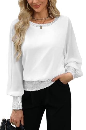 Image of For G and PL Lady Long Sleeve Dressy Shirt Sequin Cocktail Sparkly Wedding Party Evening Formal Elegant Glitter Chiffon White L