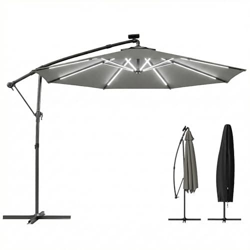Image of Outsunny 3 m Garden Cantilever Parasol with LED Solar Light, Round Overhanging Umbrella with 6-Position 360° Rotation, Crank Handle, Tilt, Cover, Banana Patio Umbrella for Outdoor Sun Shade, Grey