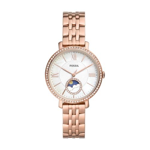 Image of Fossil Jacqueline Watch for Women, multifunctional movement with Stainless steel or Leather Strap, Rose gold tone and white
