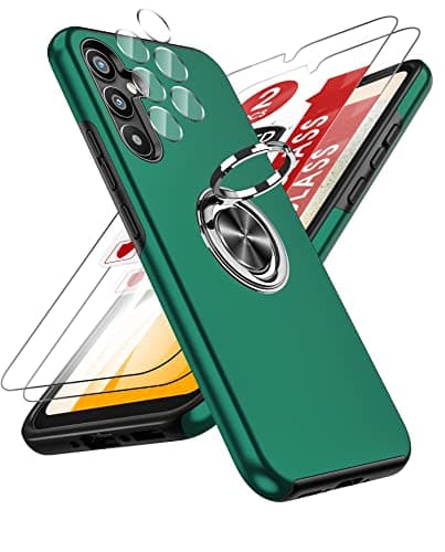 Image of LeYi 5 in 1 for Samsung A34 5G Case: Samsung Galaxy A34 5G Phone Case Cover and 2 Tempered Glass Screen Protector & 2 Camera Lens Protector, Shockproof 360° Magnetic Ring Holder Stand A 34, Green