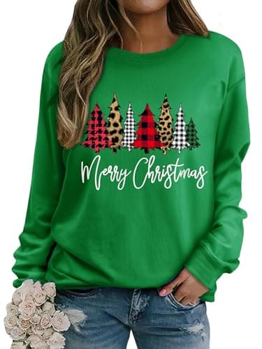 Image of WIEIYM Christmas Sweatshirt Women Chrtistmas Tree Graphic Print Jumper Long Sleeve T Shirt Unisex Pullover Causal Crewneck Tops for Women/Men S-XXL Lime Green