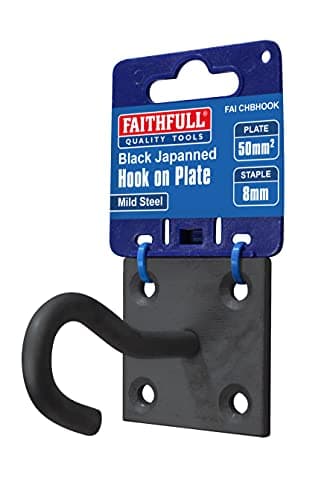 Image of Faithfull 8mm Hook on Plate – Black Japanned Steel Wall Hanging Hook with Pre-Drilled Base (50 x 50mm) for Washing Lines, Cables, Chains & General Storage