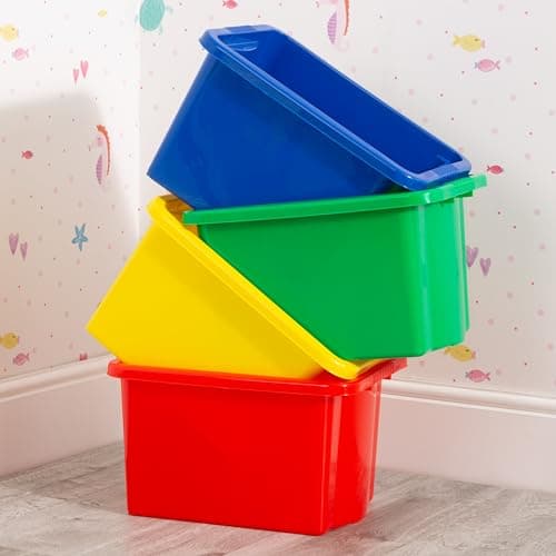 Image of Wham Stack & Store 4 x 24L Plastic Storage Boxes | Ideal for Toys, Classrooms & Playrooms | Stackable & Nestable | Integrated Handles | Made in UK - Mixed Colours
