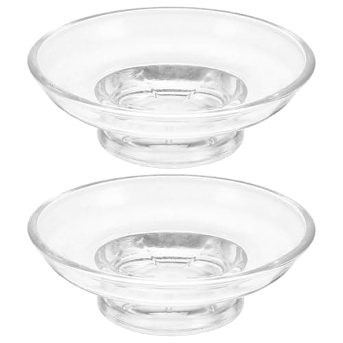 Image of Cabilock 2pcs Clear Glass Soap Dish, Round Transparent Soap Holder, Bathroom Kitchen Sink Self-draining Design Universal Plate Replacement for Jewelry, Trinkets