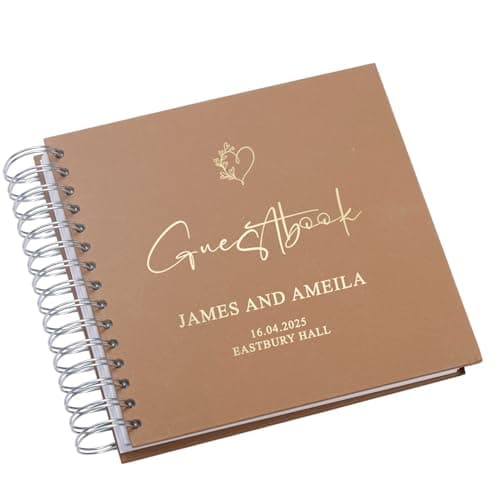 Image of Personalised Wedding Guestbook with Delicate Heart Foil Design, 20.3 x 20.3 cm, Spiral Binding, Multiple Colours (Brown)