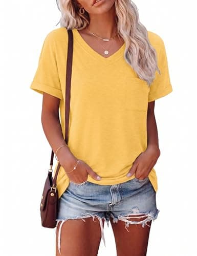 Image of Aottori T Shirt for Women UK Summer Tops Short Sleeve T-Shirt with Pocket Ladies V-Neck Basic Tee Shirts Oversize Casual Tops Yellow XL