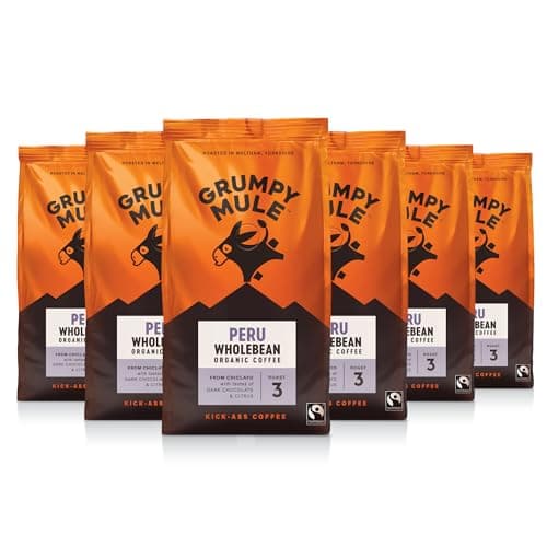 Image of Grumpy Mule Peru Café Feminino Organic (Whole Coffee Beans) with notes of Dark Chocolate and Citrus 200g (Pack of 6 - Total 1.2kg)