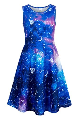 Image of Belovecol Girls Purple Galaxy Floral Print Sleeveless Casual Dress, Age 10-13 Years, Knee-Length