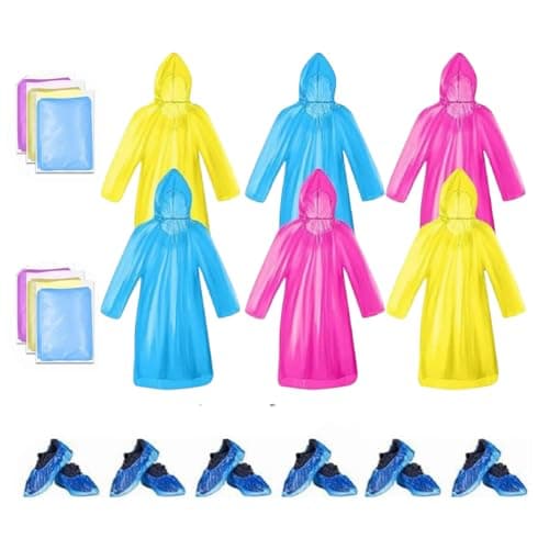 Image of 6 Pack Emergency Waterproof Poncho with Drawstring Hoods and Shoe Covers Transparent Lightweight Rain Coats for Travel Hiking Camping Cycling & Outdoor Activities