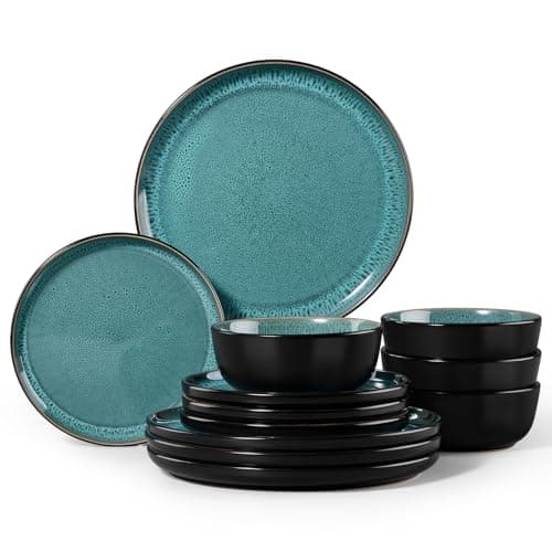 Image of Homikit Plates and Bowls Set, 12-Piece Dinner Stoneware Set for 4 People, Reactive Glaze Dinnerware Crockery for Kitchen Dining, Microwave and Dishwasher Safe - Modern Green