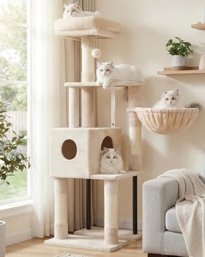 Image of Heybly Cat Tree, 125 cm Cat Tower for Indoor Cats, Cat Scratching Post with Hidden Space, Sturdy Steel Tube, Soft Plush Top Perch and Cozy Hammock, Beige HCT200SM