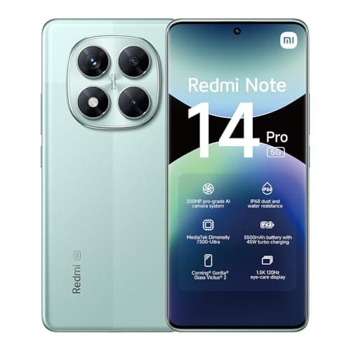 Image of Xiaomi Redmi Note 14 Pro 5G smartphone, 8+256GB, Green, 200MP pro-grade AI camera, IP68, 45W turbo charging with 5110mAh battery, AI features (no charger included)