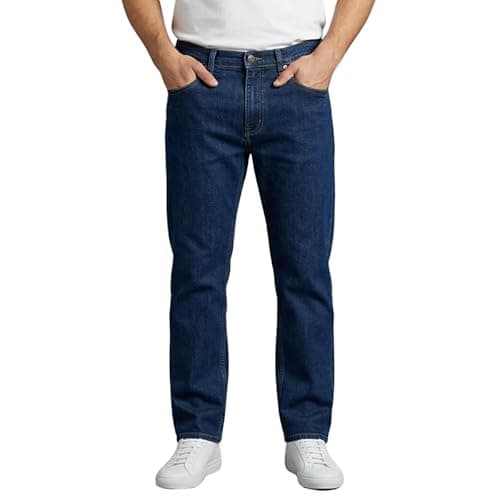Image of Mens Denim Jeans Straight Leg Regular Fit Trousers – Classic 5 Pocket Work Pants with Zip Fly – Casual Everyday Cotton Mix Denim Jeans Dark Blue 44/27