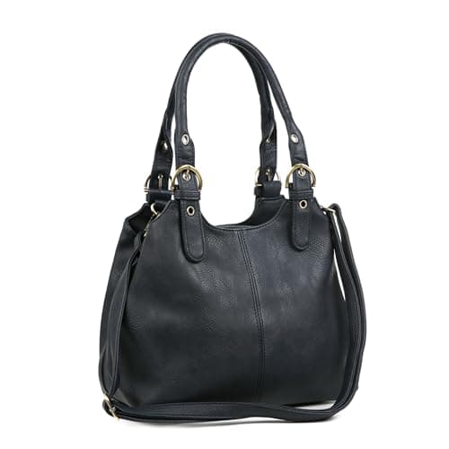 Image of AOSSTA Womens Multi Pockets Soft Leather Tote Shoulder Bag With Long Strap, Medium, Navy