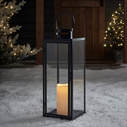 Image of Lights4fun Extra Large 65cm Black Metal LED Candle Lantern – Battery Operated Decorative Outdoor Lantern with Flickering TruGlow® Candle, Waterproof Design & Timer for Indoor or Garden Use