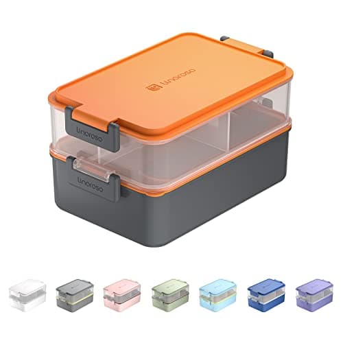 Image of linoroso Bento Lunch Box for Adults with 3 Compartments Lunchbox with Sauce Container and Utensils, Bento Boxes for Microwave and Dishwasher Plastic BPA-Free As Sandwich Snack Salad Box - Lava Orange