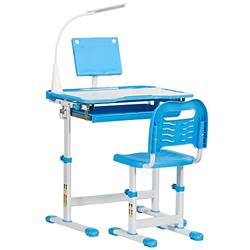 Image of HOMCOM Kids Desk and Chair Set, Height Adjustable Study Desk with USB Lamp, Storage Drawer for Study, Blue and White