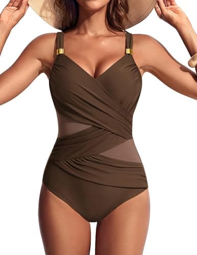 Image of Hanna Nikole 2026 Summer Swimming Costume,Cut-Out Overlapping Pleated Swimsuit,High Waisted Swimwear for Women UK Brown L