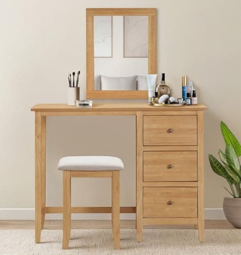 Image of Hallowood Furniture Aston Single Pedestal Dressing Table with Mirror and Stool, Wooden Console Table Vanity Desk with 3 Drawer Set, Vanity Mirror, and Wooden Stool for Home, Bedroom Furniture Set