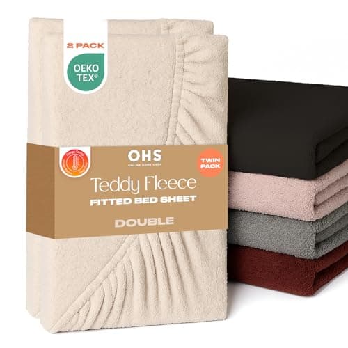 Image of Brentfords 2 Pack Double Bed Sheets, Soft Warm Thermal Teddy Fleece Fitted Sheet Deep Pocket 25cm Fade Resistant Cuddly Cosy Fluffy Teddy Bear Bedding Double 2 Pack, Cream Beige
