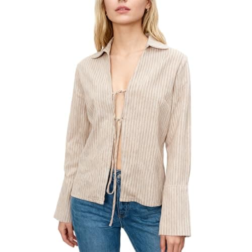 Image of Amazhiyu Linen Cotton Womens Blouse, Casual Long Sleeve Shirt Tops V Neck Tie Up Basic Shirt Brown L
