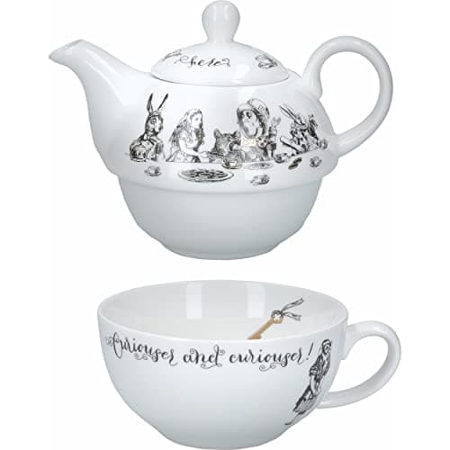 Image of V&A Alice in Wonderland Teapot and Cup Set For 1 in Gift Box, Fine China Tea Set, White, 250 ml