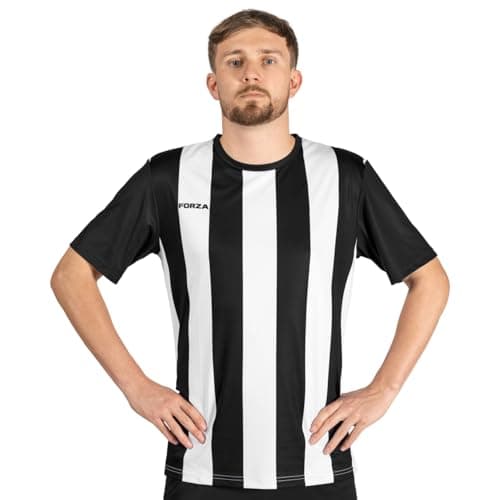 Image of FORZA Men’s Striped Jersey Shirt [XS-XXL] – Premium Short Sleeve Football T-Shirts | 5 Stripe Colour Options (Black and White, XL)