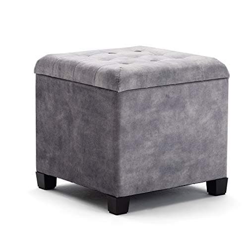 Image of HNNHOME® 45cm Cube Cloud Velvet Padded Seat Ottoman Storage Stool Box, Footstool Pouffes Chair with Lids (Light Grey, Cloud Velvet)