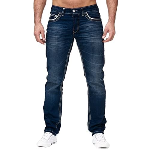 Image of BiCophy Jeans for Men Big and Tall Relaxed Fit Mid-Rise Straight-Leg Jeans Stretch Casual Flat Front Classic Tapered Leg Moto Biker Jeans Distressed Denim Jean Pants Mens Denim Trousers Blue