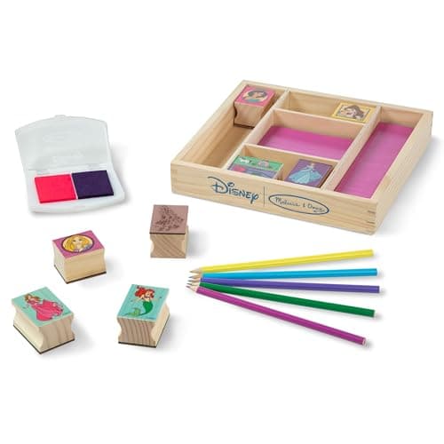 Image of Melissa & Doug Disney Princess Wooden Stamp Set: 9 Stamps, 5 Colored Pencils, and 2-Color Stamp PadDisney Princess Coloring, Stamps with Washable Ink, for Kids Ages 4+