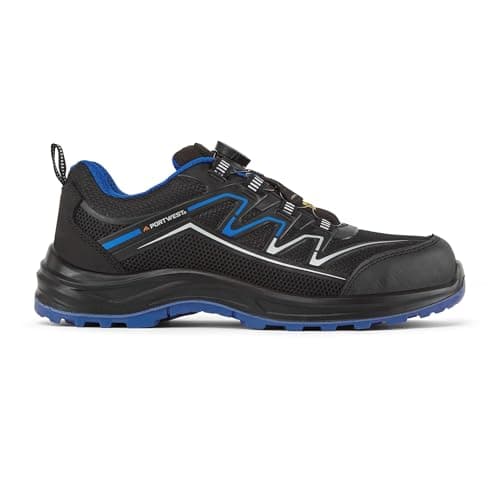 Image of Portwest FT32 Composite Trainer S1PS ESD KPU Mesh Wire Lace Breathable Slip Oil Resistant Anti Static Metal Free Dual Density Safety Footwear, Black/Blue, 45