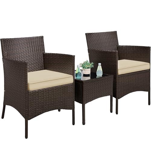 Image of Yaheetech 3-Piece Rattan Garden Set, Outdoor Patio Conversation Furniture, Woven Chairs & 1 Side Table with Cushions for Bistro/Porch/Garden/Deck/Courtyard, Brown/Khaki