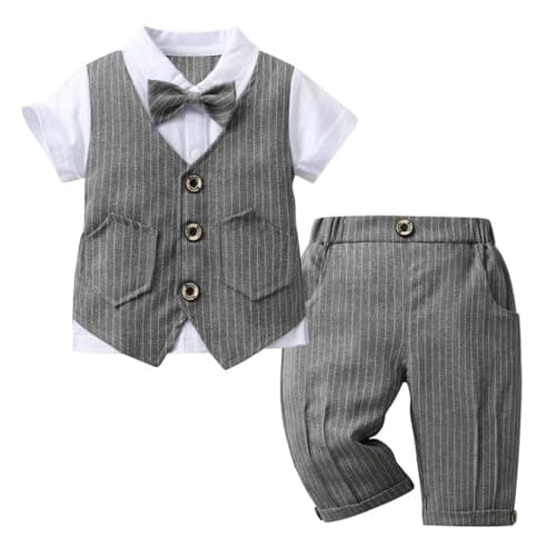 Image of Lito Angels Kids Boys Short Suit Set Summer Wedding Formal Gentleman Outfits with Waistcoat Age 4-5 Years, Grey Pinstripe