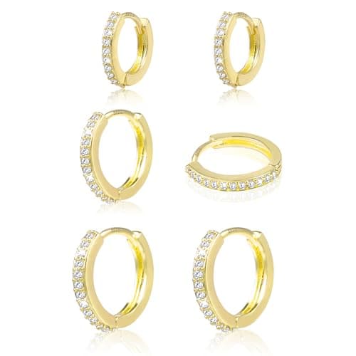 Image of Gold Hoop Earrings,14K Real Goldplated Hoops with AAA Diamond Zirconia For for Women Girls, Small Huggie Hoop Earrings Set for Women, 3 Pairs Sterling Silver 925 Cartilage Hypoallergenic Earring