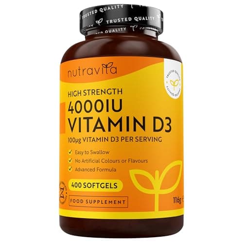 Image of Nutravita Vitamin D3 4000 iu - 400 High Strength Easy to Swallow Premium Softgels - Over A Year's Supply - Max Strength Vitamin D3 Cholecalciferol Supplement - Manufactured in The UK