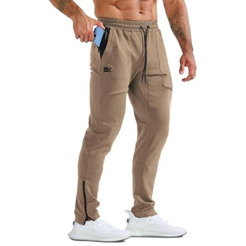 Image of BROKIG Mens Zero Armor Gym Jogger Bottoms,Casual Sport Workout Trousers Training Running Track Pants with Zipper Pockets(Medium,Khaki)
