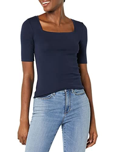 Image of Amazon Essentials Women's Slim-Fit Half Sleeve Square Neck T-Shirt, Navy, S