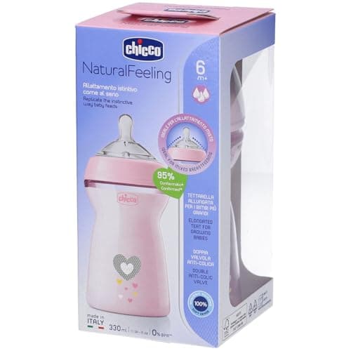 Image of Chicco Natural Feeling Anti-Colic Baby Bottle 6+ Months 330 ml, Baby Bottle with Soft and Flexible Silicone Teat, Suitable for Breastfeeding, Pink