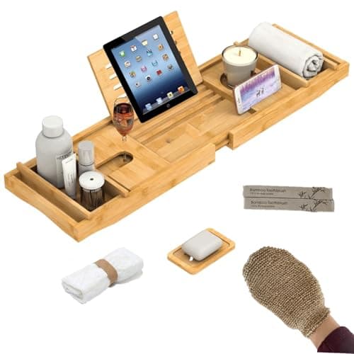 Image of Large Wooden Bath Tray with Exfoliating Glove,75×23cm Bamboo Bath Caddy with Wine Glass, Book & Phone Holder, Expendable Bath Shelf with Face Towel, Foldable Bath Board Tray for Spa Relaxing