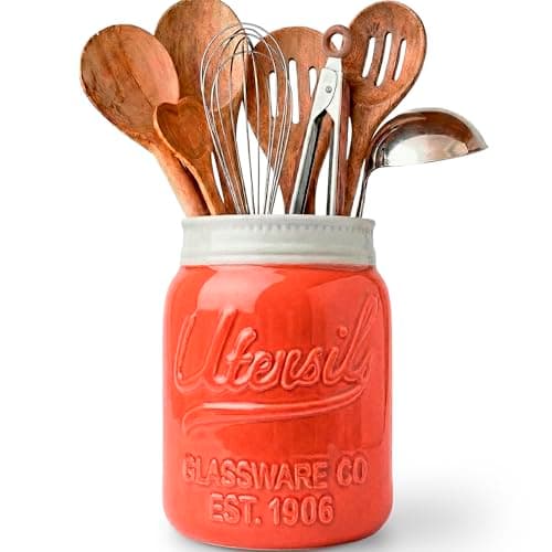 Image of Comfify Large Opening Mason Jar Utensil Holder Jug Decorative Kitchen Equipment Organizer, Dishwasher Safe - Coral, Large Size Tall 7"