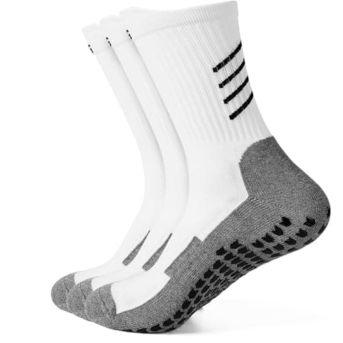 Image of Gogogoal Anti-slip Grip Football Socks Men Women Cotton Cushioned Breathable Moisture wickking Non-slip Athletic Socks for Rugby Soccer Yoga Gym 3-pairs 8-13 White+Grey L