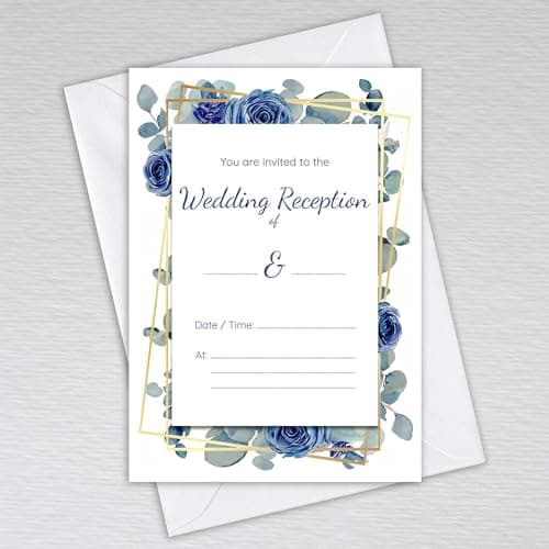 Image of Webspectations Pack of Wedding Reception Invitations with Envelopes: Navy Rose with Dusty Blue Eucalyptus Wedding Reception Invites (Pack of 20 with Envelopes)