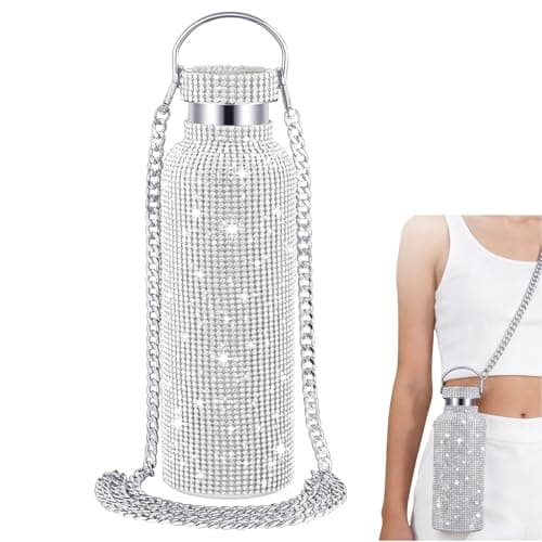 Image of GIONAR 750ml Diamond Water Bottle, Bling Stainless Steel Water Bottle，Waterbottle with Diamond & Chain - Thermal Water Bottle, Stay Hydrated in Style for Camping,Party(Silver)