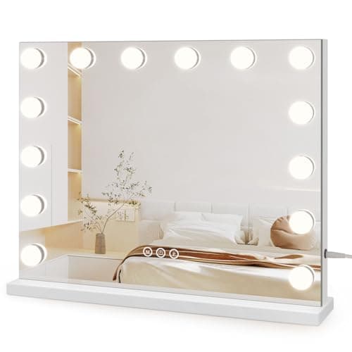 Image of Dripex Hollywood Vanity Mirror with Lights, 50×42cm Large Lighted Makeup Mirror with 14 Dimmable LED Bulbs, USB Cable, Touchscreen Control, Cosmetic Tabletop Mirror for Bedroom, Dressing Room(White)