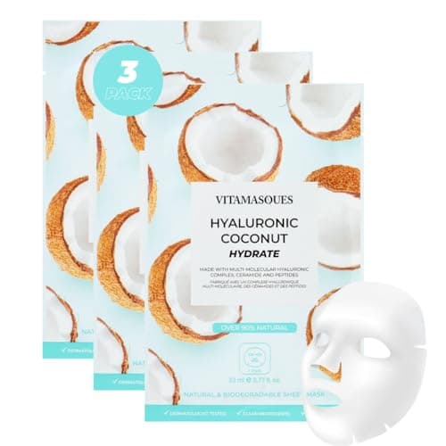 Image of Vitamasques Coconut Face Mask 3-Pack, Biodegradable Hydrating Sheet Masks with Hyaluronic Acid, Moisturising Face Mask for All Skin Types