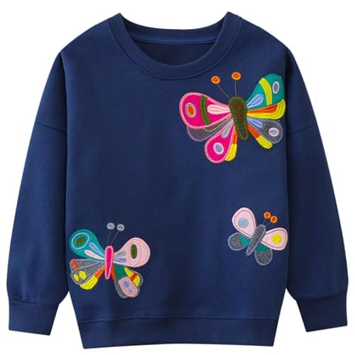 Image of Dioshark Girls Sweatshirts Blue Butterfly Applique Jumpers for Kids Cotton with Long Sleeves Pullover Spring Autumn Warm Shirt Christmas Casual Outdoor Outfits for Child Age 4-5 Years