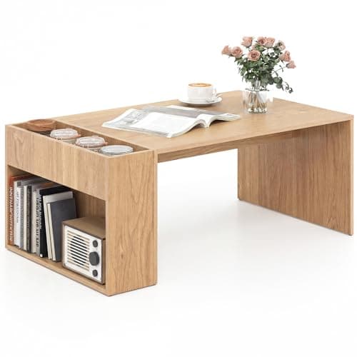 Image of COSTWAY Coffee Table, Wooden Rectangle Cocktail Center Table with Storage Shelf and Compartment, Modern Accent Sofa Side Tea Table for Living Room Bedroom Office, 85x50x34cm (Natural)